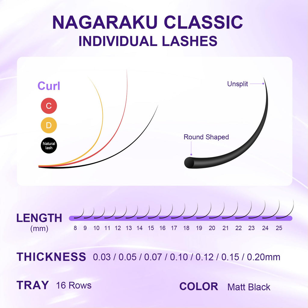 NAGARAKU 5 Trays Eyelash Extensions – 0.03mm D Curl, 7–15mm mix, Matte Black Faux Mink, 16 Rows, Purple Card