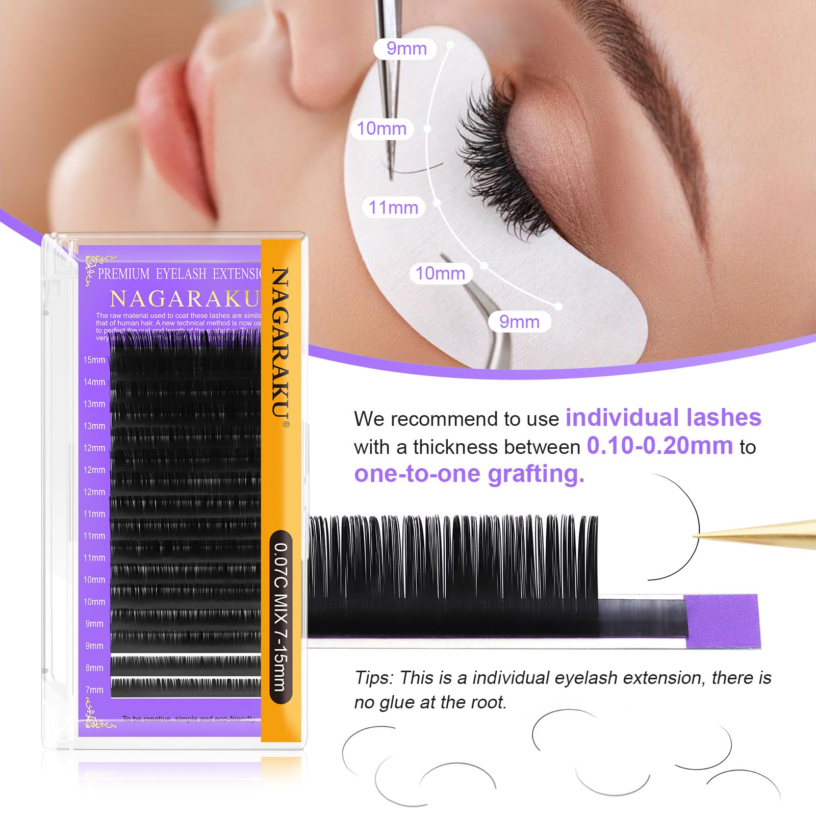 NAGARAKU 5 Trays Eyelash Extensions – 0.03mm D Curl, 7–15mm mix, Matte Black Faux Mink, 16 Rows, Purple Card