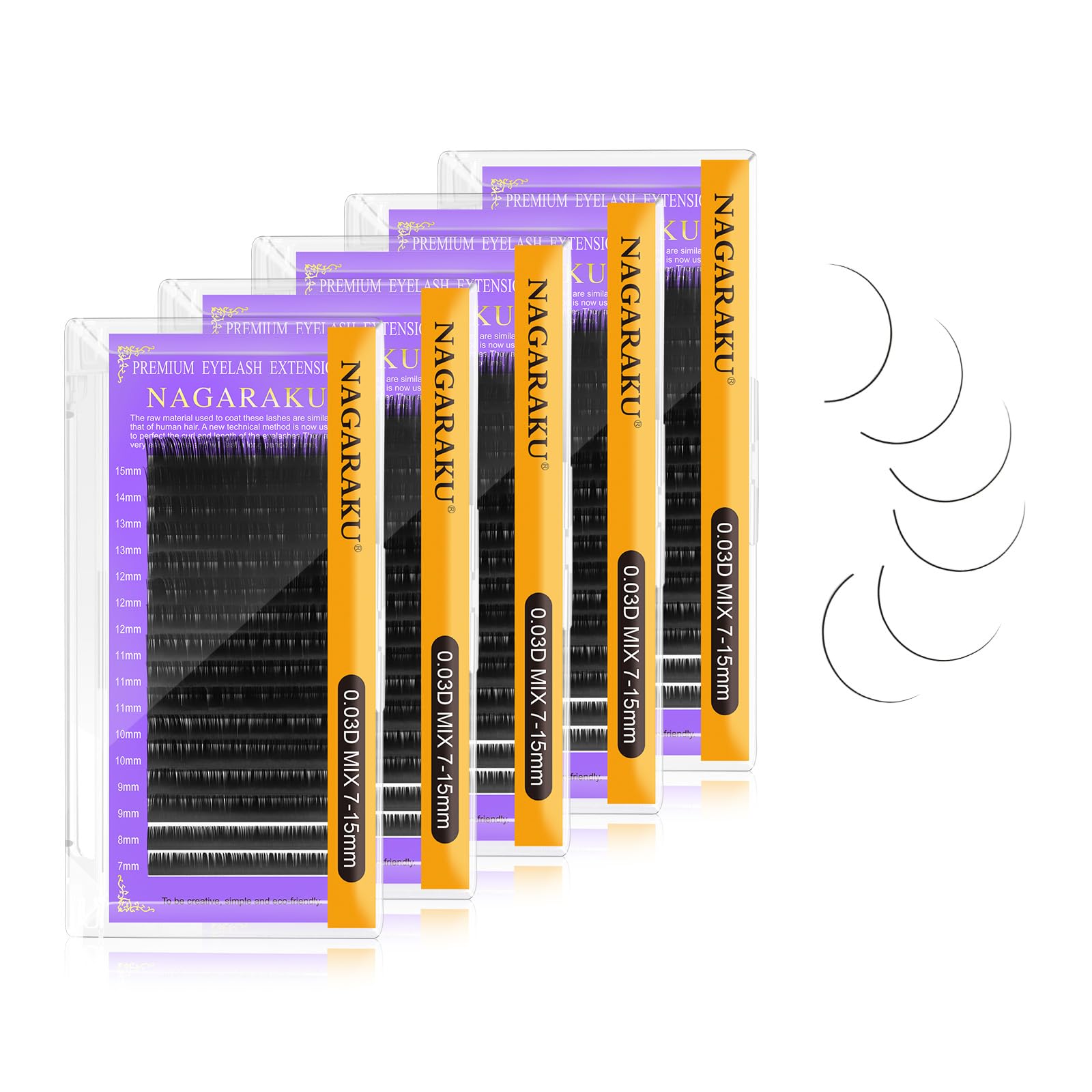 NAGARAKU 5 Trays Eyelash Extensions – 0.03mm D Curl, 7–15mm mix, Matte Black Faux Mink, 16 Rows, Purple Card