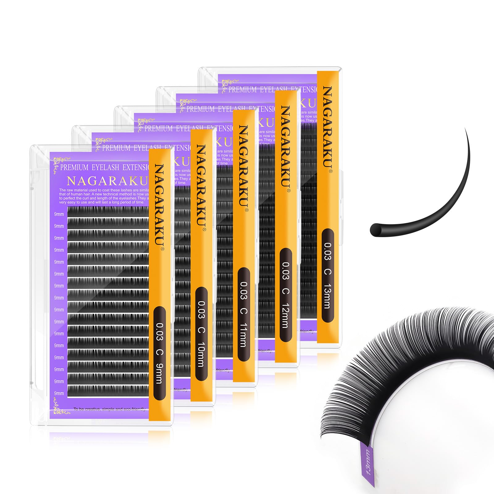 NAGARAKU 5 Trays Eyelash Extensions — 0.15mm, C Curl, 9–13mm, Matte Black, Professional Faux Mink