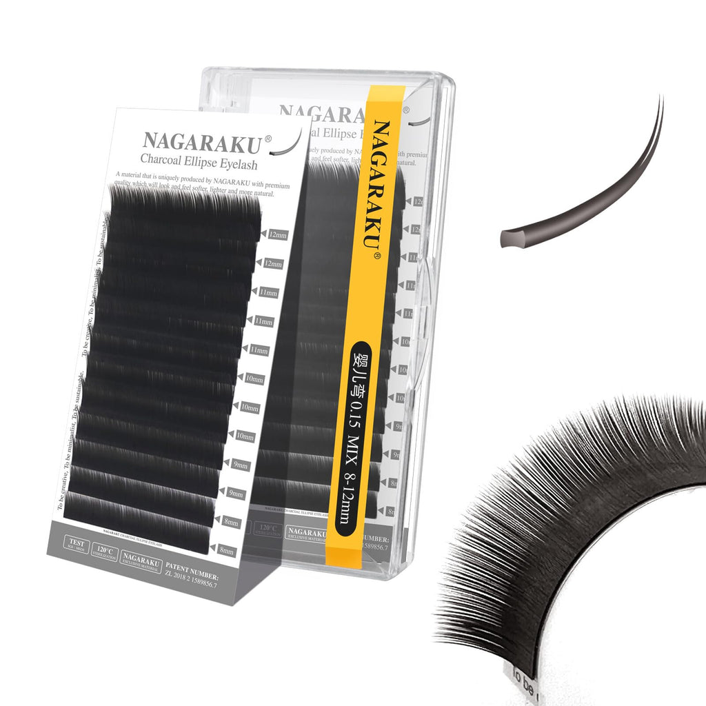 NAGARAKU Double Tips Flat Ellipse Eyelashes – Natural Charcoal, 0.15mm, Baby/J Curl, 8–12mm Mix