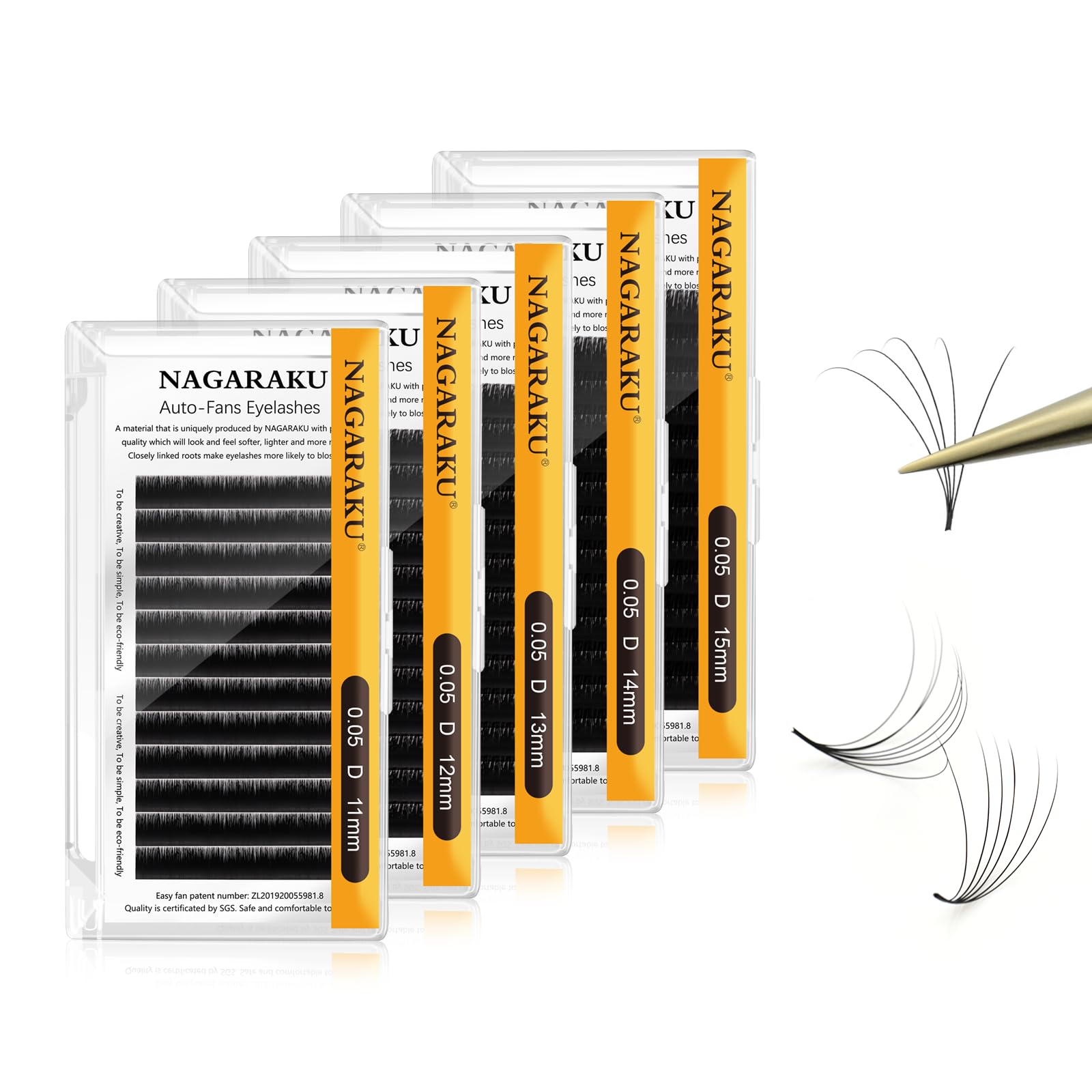 NAGARAKU Easy Fan Eyelash Extensions – 5 Tray Mega Volume Lashes, 0.05 D Curl, 11–15mm