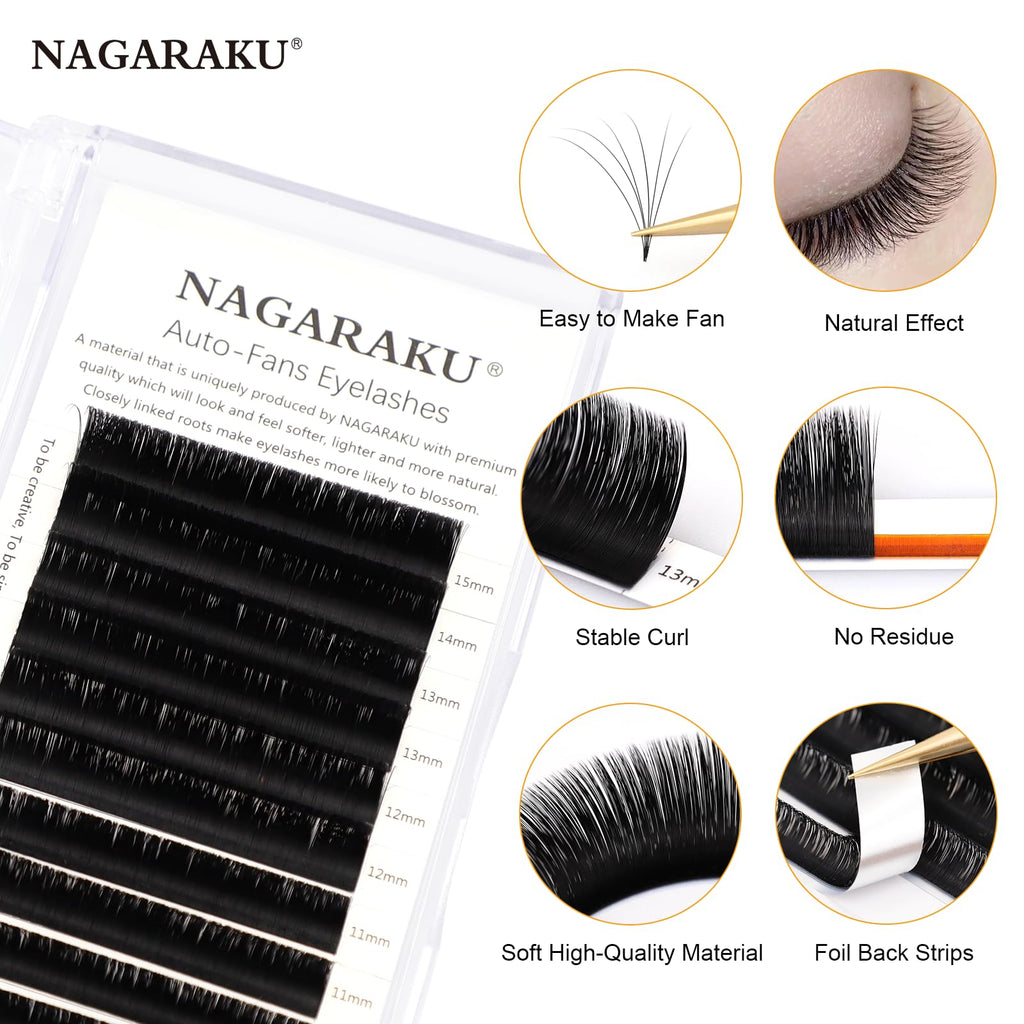 NAGARAKU Easy Fan Eyelash Extensions – 5 Tray Mega Volume Lashes, 0.05 D Curl, 11–15mm