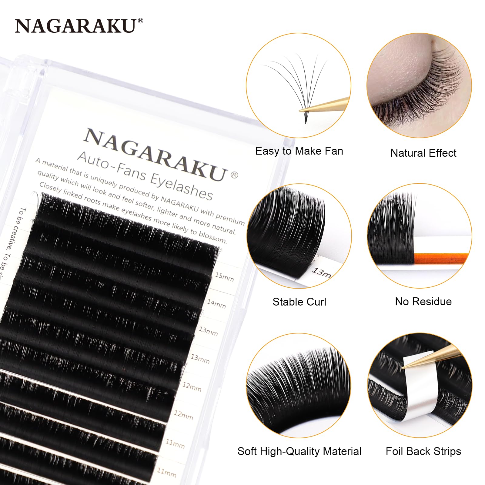 NAGARAKU Easy Fan Eyelash Extensions – 5 Tray Mega Volume Lashes, 0.05 D Curl, 11–15mm