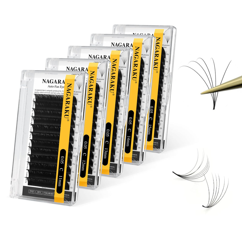 NAGARAKU Easy Fan Eyelash Extensions – 5 Tray Pack, 0.05 C Curl, 11–15mm, Beginner Friendly