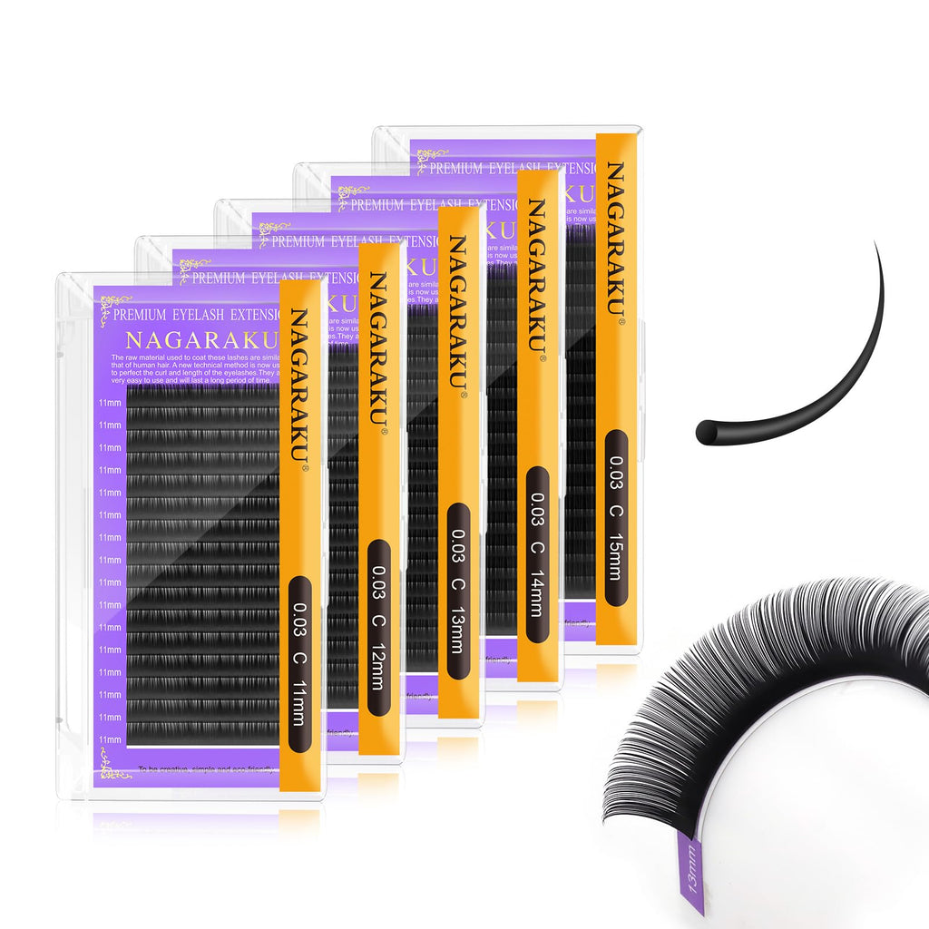 NAGARAKU 5 Trays Eyelash Extensions – 0.20mm C Curl 11–15mm, Matte Black, 16 Rows