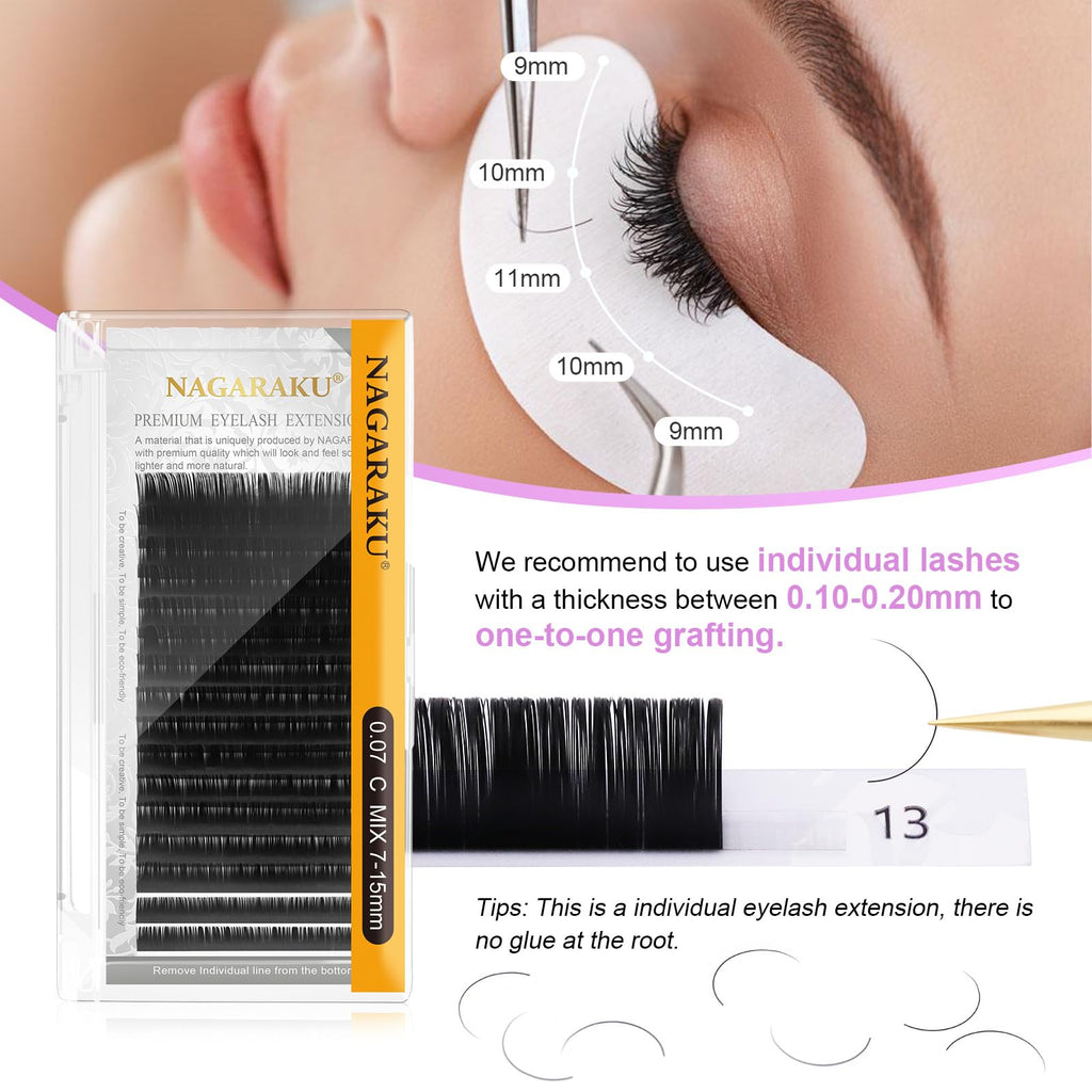 NAGARAKU Eyelash Extensions Classic — J/C/D/N/L/LC/LD, Matte Black