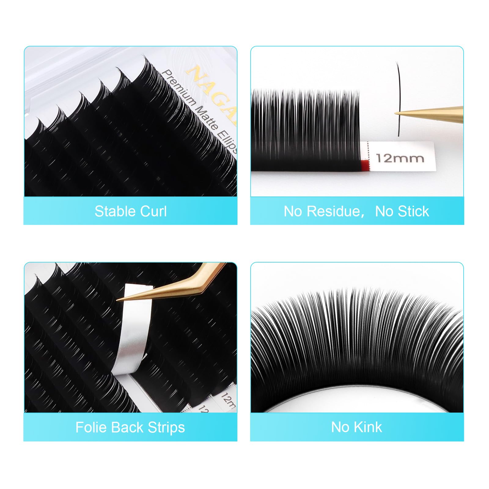 NAGARAKU Double Tips Ellipse Eyelash Extensions – Flat 0.15mm D Curl Matte Black 8mm, 16 Rows