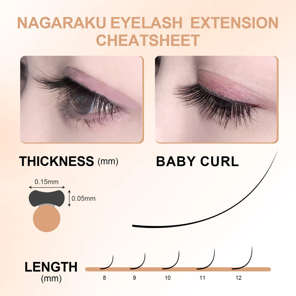 NAGARAKU Double Tips Flat Ellipse Eyelashes – Natural Charcoal, 0.15mm, Baby/J Curl, 8–12mm Mix