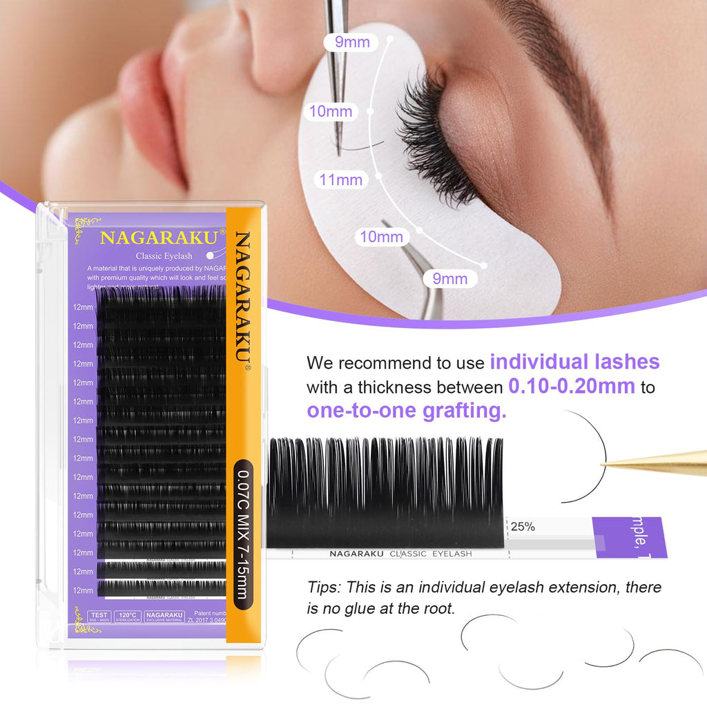 NAGARAKU 5 Trays Eyelash Extensions – 0.15mm C Curl, 11–15mm, Matte Black, Professional Faux Mink