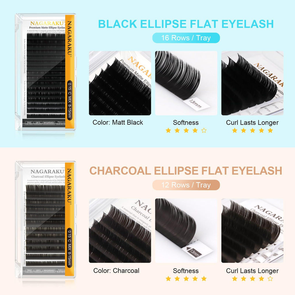 NAGARAKU Double Tips Flat Ellipse Eyelashes – Natural Charcoal, 0.15mm, Baby/J Curl, 8–12mm Mix