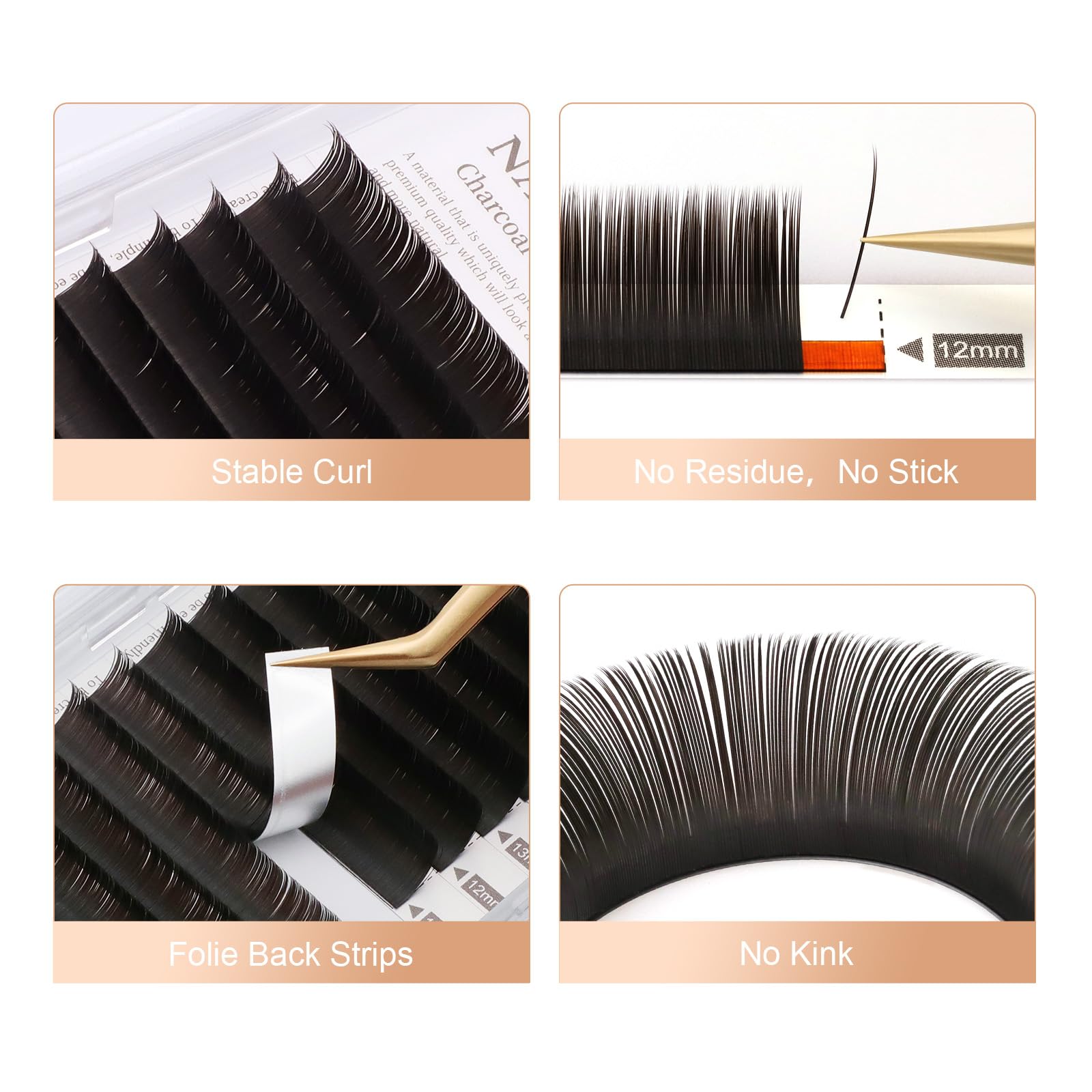 NAGARAKU Double Tips Flat Ellipse Eyelashes – Natural Charcoal, 0.15mm, Baby/J Curl, 8–12mm Mix