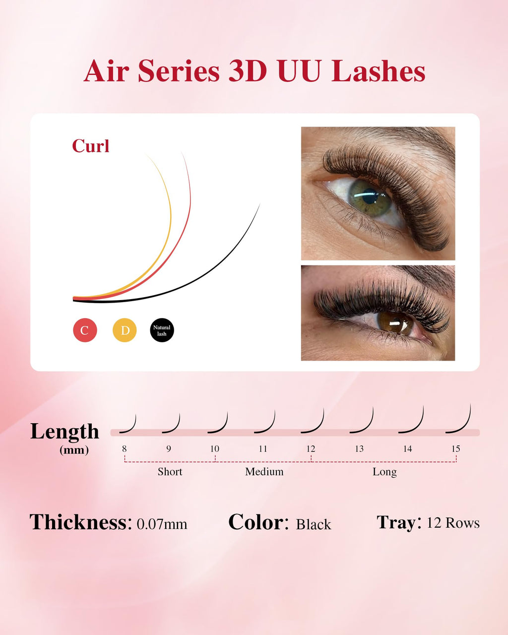 NAGARAKU U Eyelash Extensions 3D UU Lash – Lightweight Crisscross Fans, 9mm 0.07D