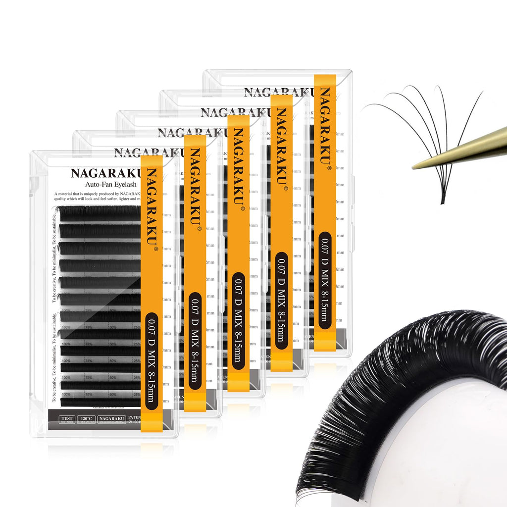 NAGARAKU Easy Fan Eyelash Extensions 5-Tray Pack 0.07 D Curl 8-15mm Mix