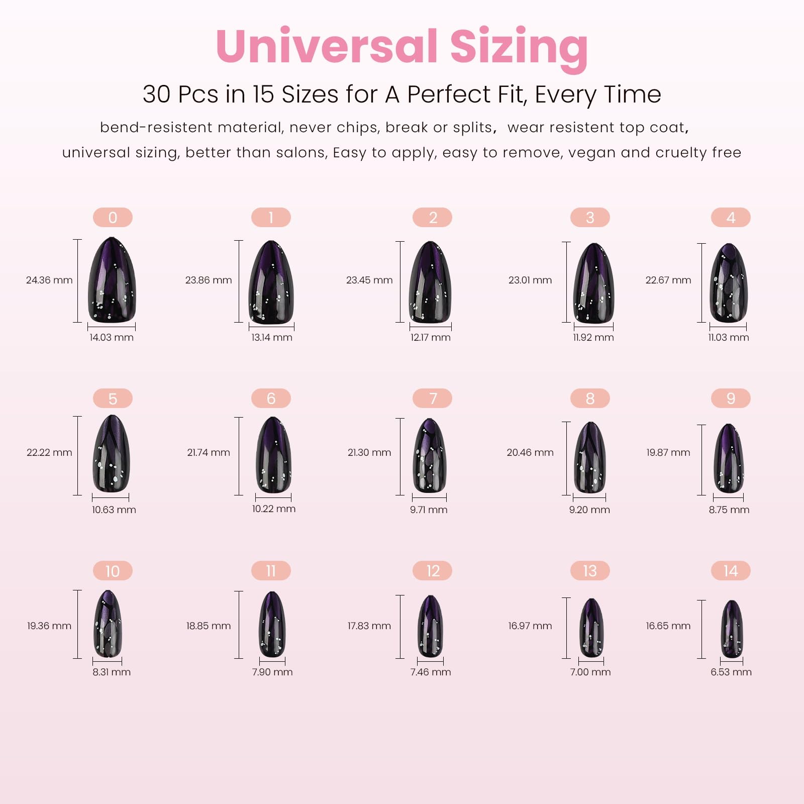 Nail Reformation Almond Press-On Nails – Purple Cat Eye, UV Finish, 15 Sizes, 30 Tips