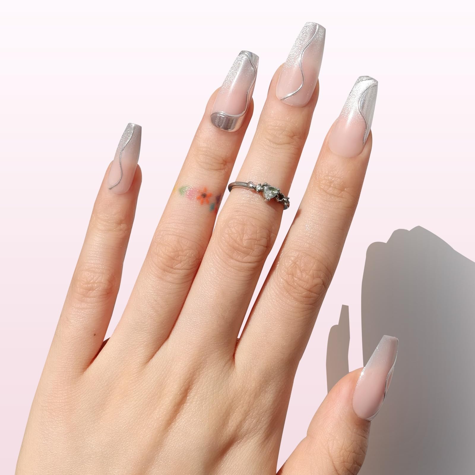 Nail Reformation Press-On Nails Coffin – Glitter Silver Accents, Pink Long Tips, UV Finish, 30 Tips in 15 Sizes + Glue
