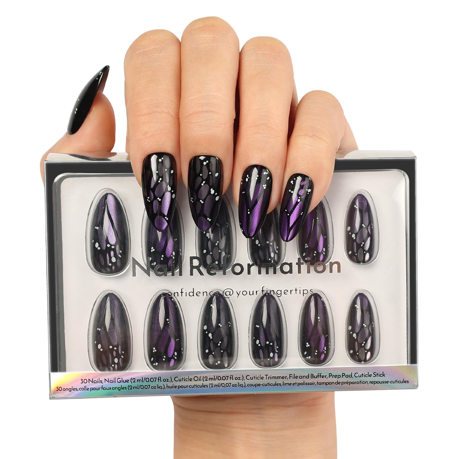 Nail Reformation Almond Press-On Nails – Purple Cat Eye, UV Finish, 15 Sizes, 30 Tips