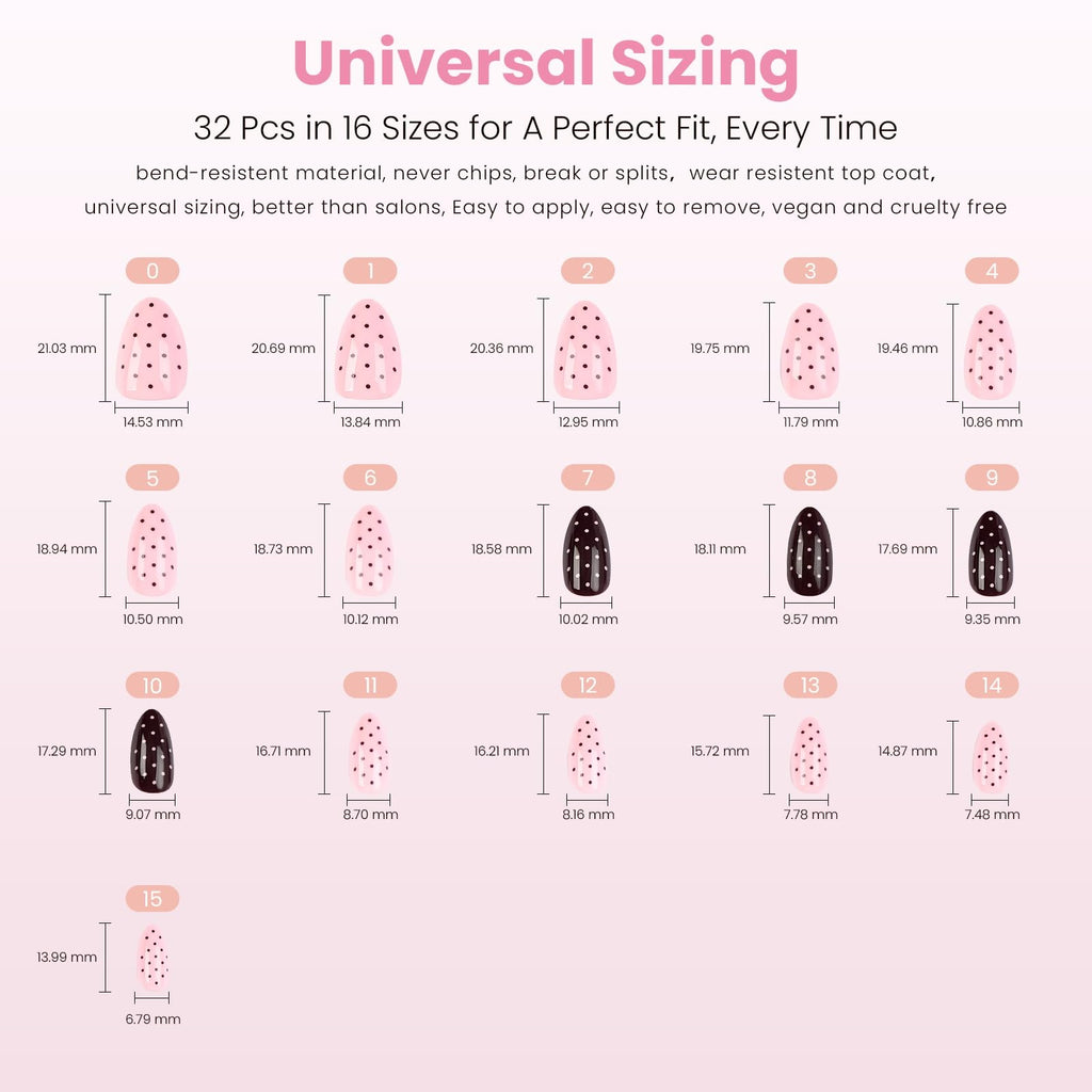 Nail Reformation Polka Dot Almond Press On Nails – Short Pink UV Finish, Reusable, 32 Tips, Glue Included | 16 Sizes