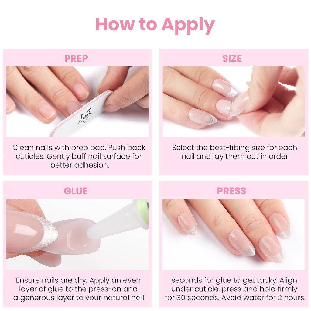 Nail Reformation Almond Press On Nails – French Pearl Medium, UV Finish, Reusable Kit