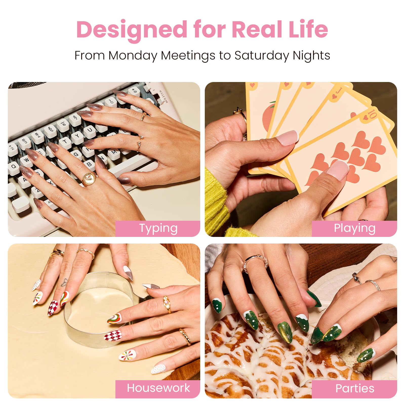 Nail Reformation Polka Dot Almond Press On Nails – Short Pink UV Finish, Reusable, 32 Tips, Glue Included | 16 Sizes