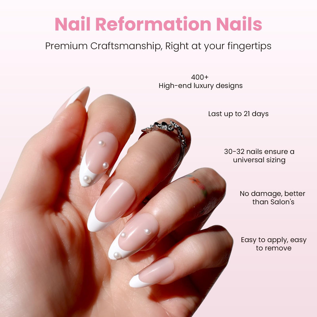 Nail Reformation Almond Press On Nails – French Pearl Medium, UV Finish, Reusable Kit