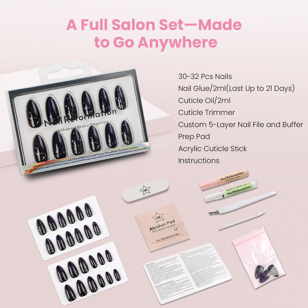 Nail Reformation Almond Press-On Nails – Purple Cat Eye, UV Finish, 15 Sizes, 30 Tips