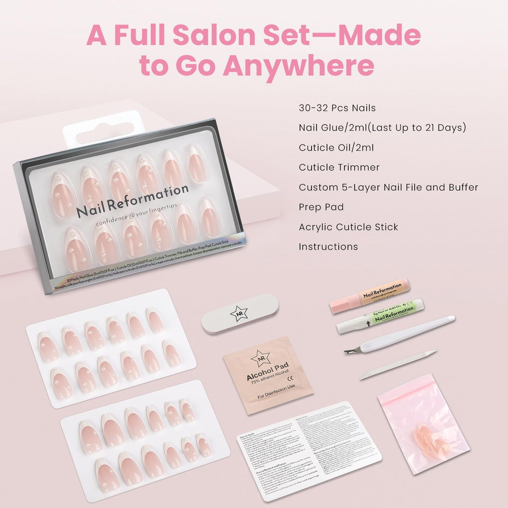 Nail Reformation Almond Press On Nails – French Pearl Medium, UV Finish, Reusable Kit