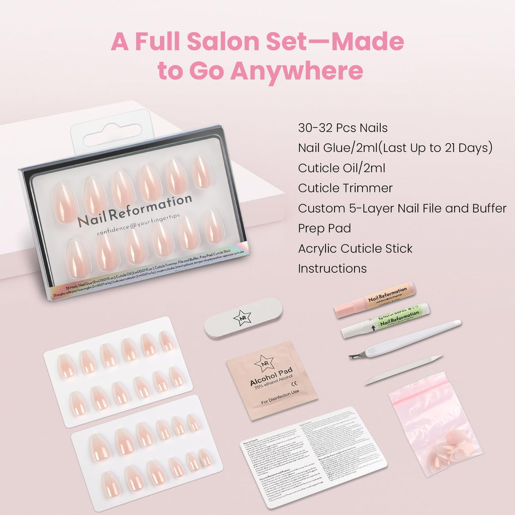 Nail Reformation Almond Nails – Pink Ombre Press On, UV Finish, 32 Tips, 16 Sizes