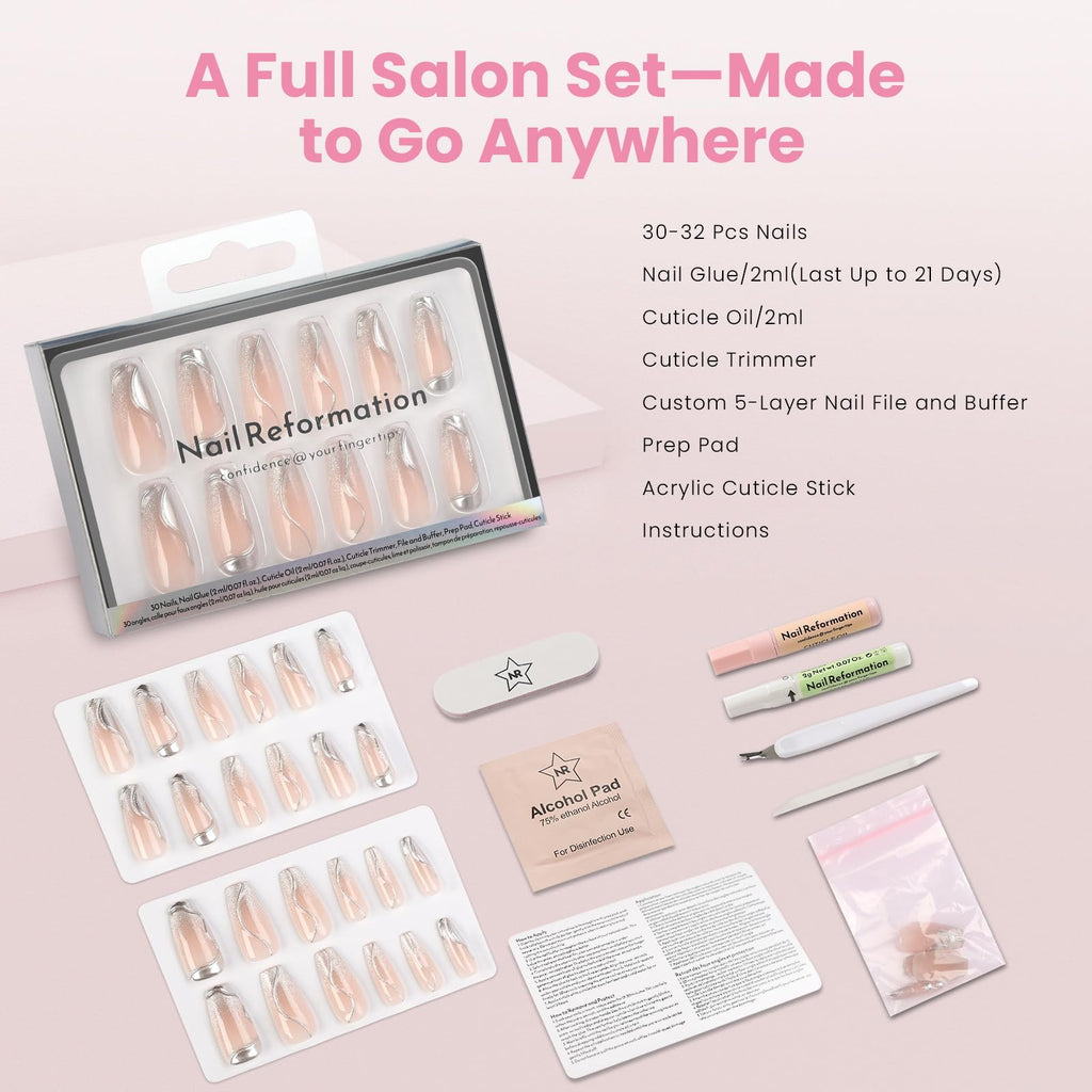 Nail Reformation Press-On Nails Coffin – Glitter Silver Accents, Pink Long Tips, UV Finish, 30 Tips in 15 Sizes + Glue