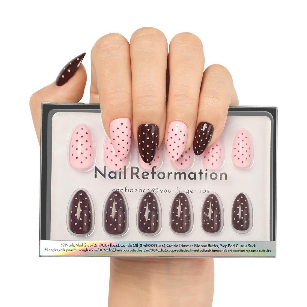 Nail Reformation Polka Dot Almond Press On Nails – Short Pink UV Finish, Reusable, 32 Tips, Glue Included | 16 Sizes