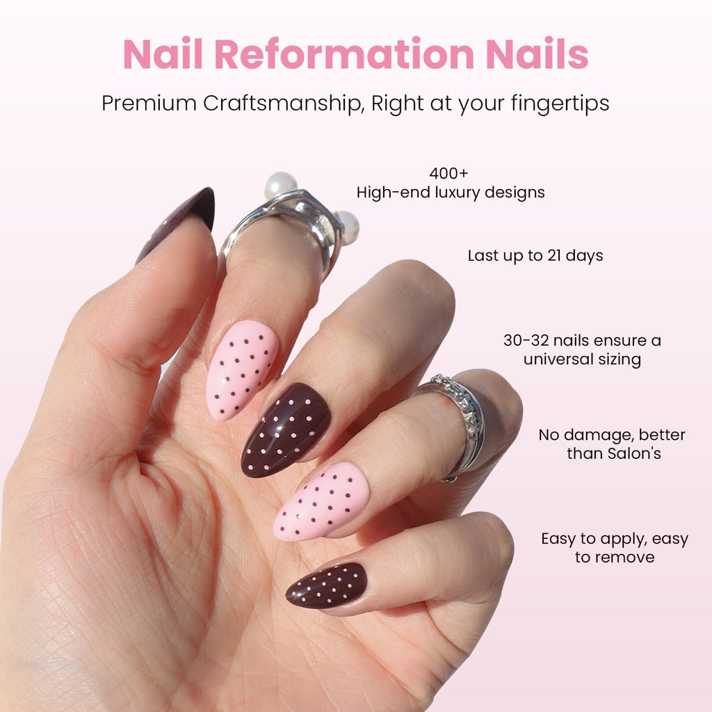 Nail Reformation Polka Dot Almond Press On Nails – Short Pink UV Finish, Reusable, 32 Tips, Glue Included | 16 Sizes