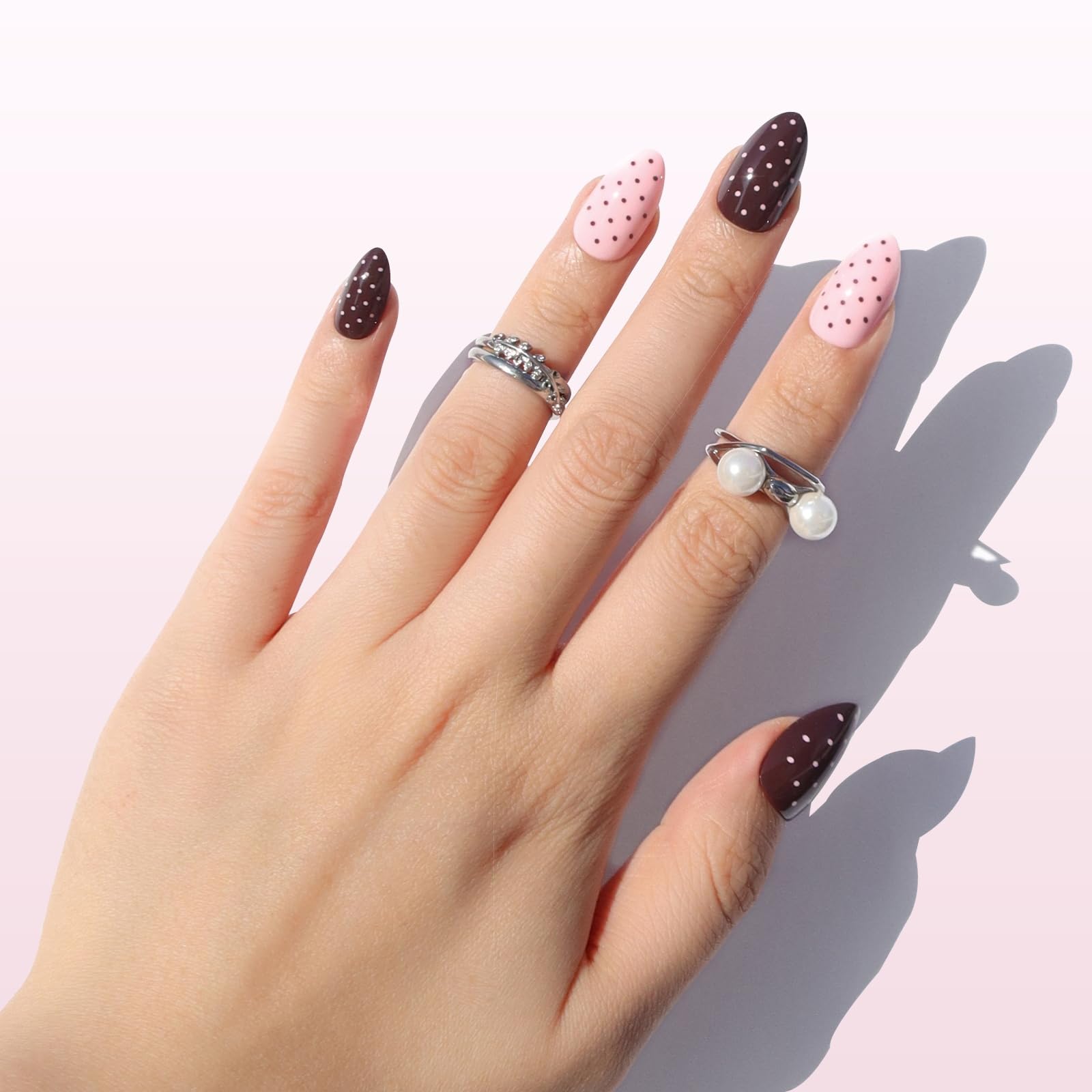 Nail Reformation Polka Dot Almond Press On Nails – Short Pink UV Finish, Reusable, 32 Tips, Glue Included | 16 Sizes