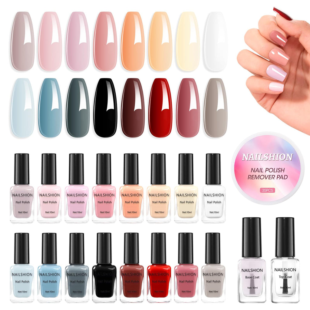Nailshion Nude Gray Nail Polish Set – 16 Colors with Base & Top Coat, Remover Pads | Fast Dry, Non-Gel