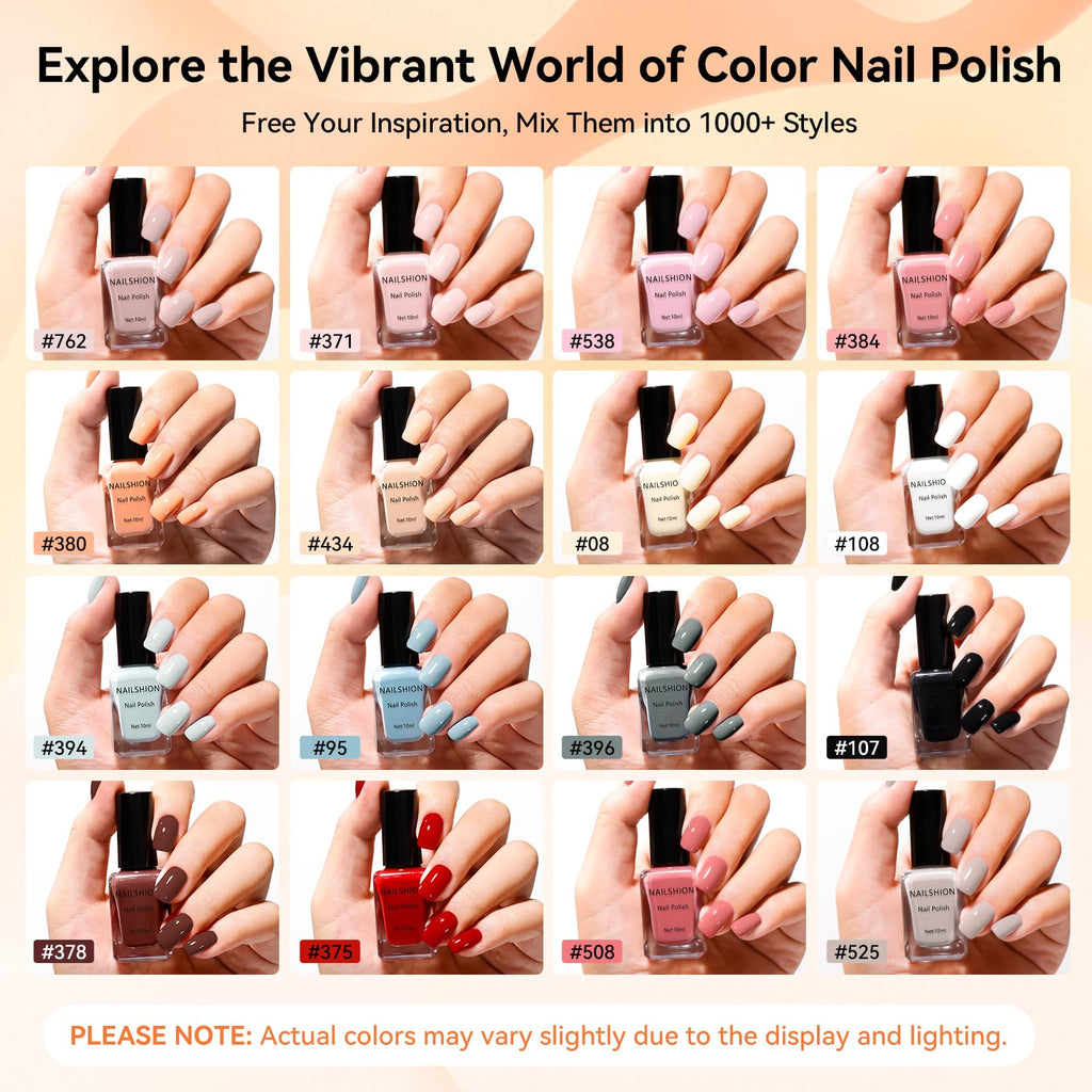 Nailshion Nude Gray Nail Polish Set – 16 Colors with Base & Top Coat, Remover Pads | Fast Dry, Non-Gel
