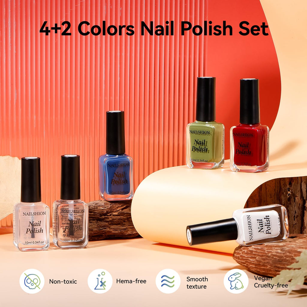 Nailshion 6-Piece Classic Nail Polish Set – Red, Green, Blue, White + Base & Top Coat | Quick-Dry, Vegan, HEMA-Free
