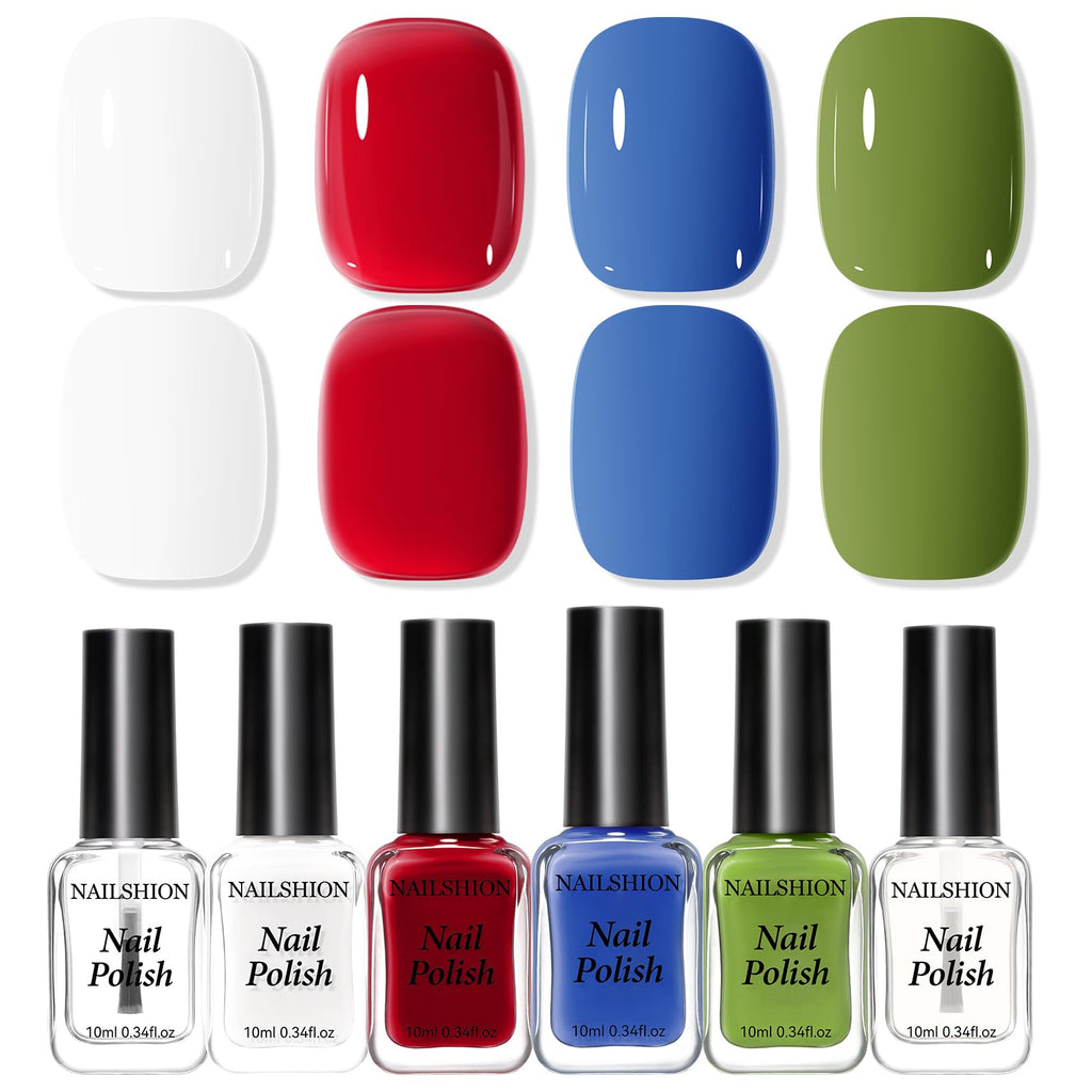 Nailshion 6-Piece Classic Nail Polish Set – Red, Green, Blue, White + Base & Top Coat | Quick-Dry, Vegan, HEMA-Free