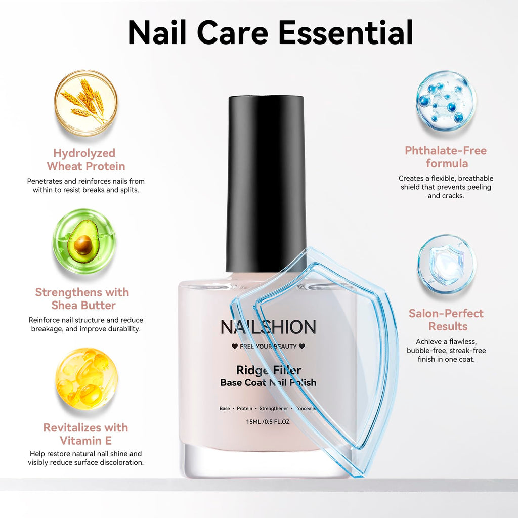 Nailshion Ridge Filler Base Coat 3-in-1 Nail Strengthener – Milky, Vegan, Salon‑Quality at Home
