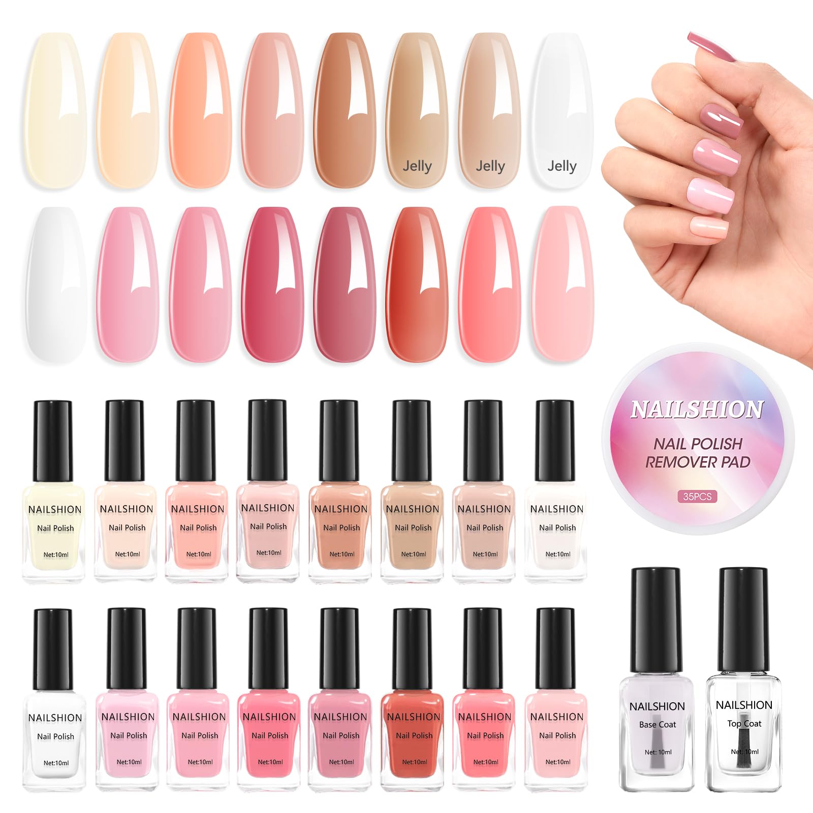 Nailshion 16-Color Nail Polish Set with Base & Top Coat and Remover Pads
