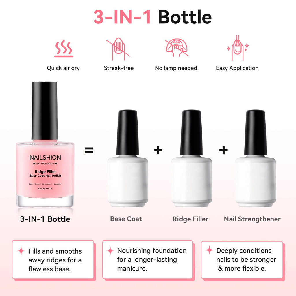 Nailshion Nail Ridge Filler Base Coat & Strengthener – VE Protein Formula, 0.5 fl oz