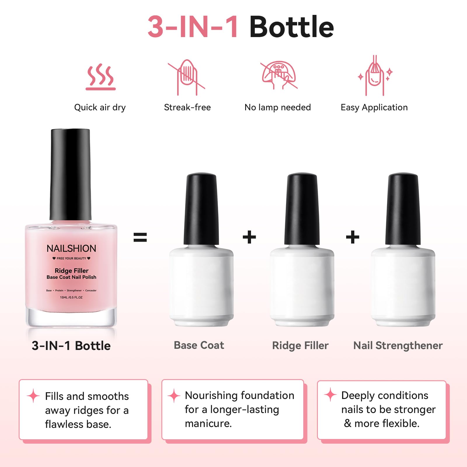 Nailshion Nail Ridge Filler Base Coat & Strengthener – VE Protein Formula, 0.5 fl oz