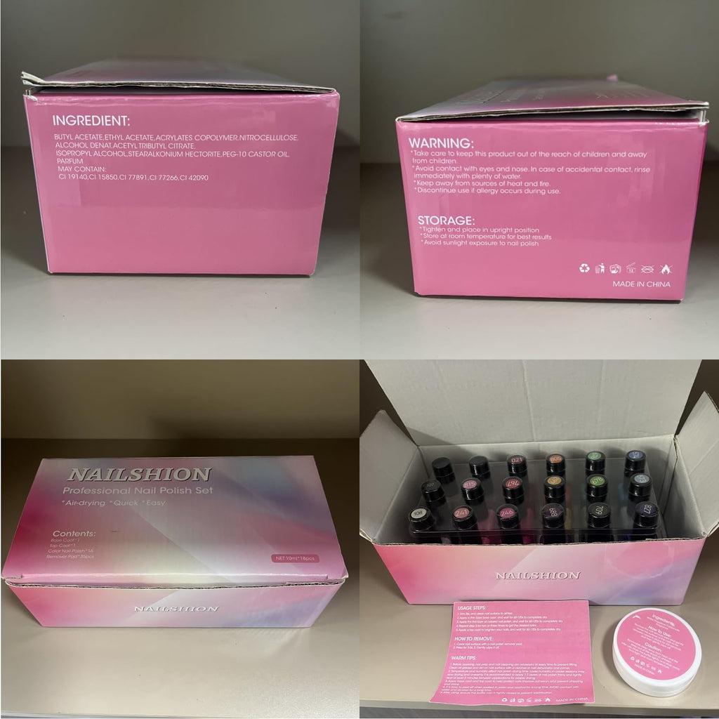 Nailshion 16-Color Nail Polish Set with Base & Top Coat and Remover Pads