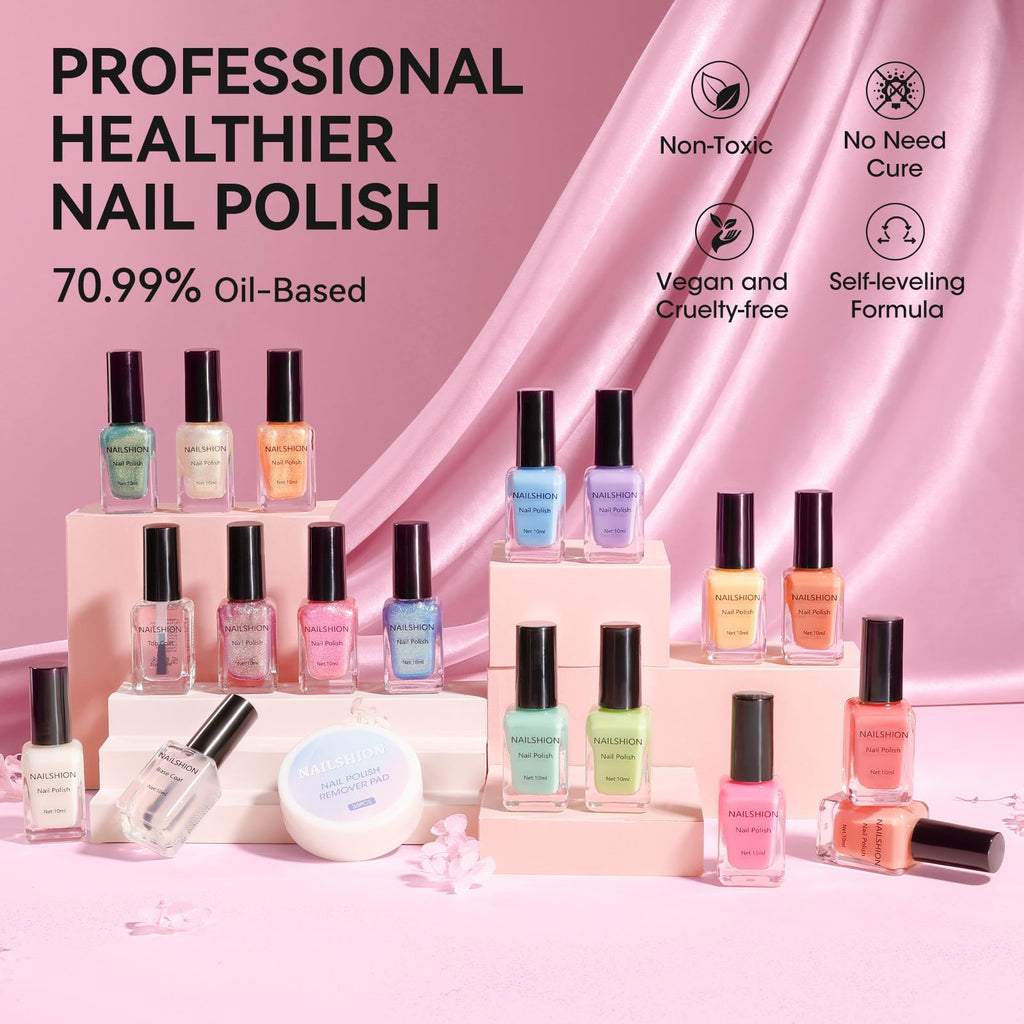 Nailshion Quick Air Dry Nail Polish – 16 Colors, Holographic & Classic Finishes with Base Coat, Remover Pads (Hema-free)