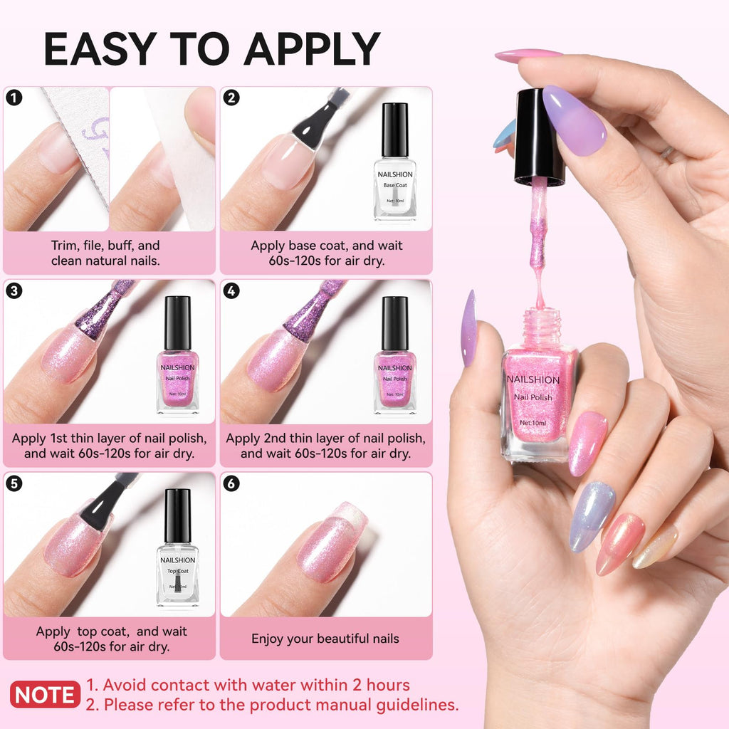 Nailshion Quick Air Dry Nail Polish – 16 Colors, Holographic & Classic Finishes with Base Coat, Remover Pads (Hema-free)