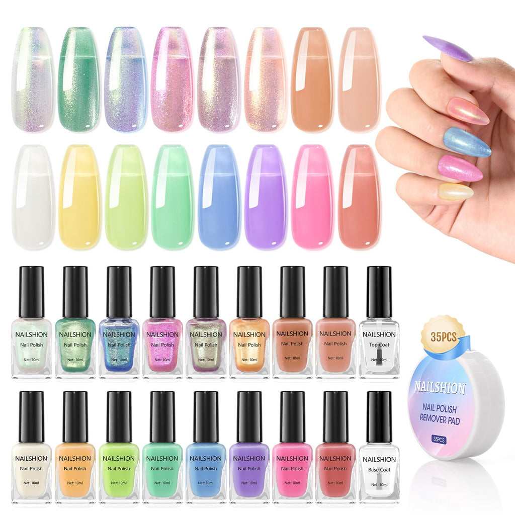 Nailshion Quick Air Dry Nail Polish – 16 Colors, Holographic & Classic Finishes with Base Coat, Remover Pads (Hema-free)
