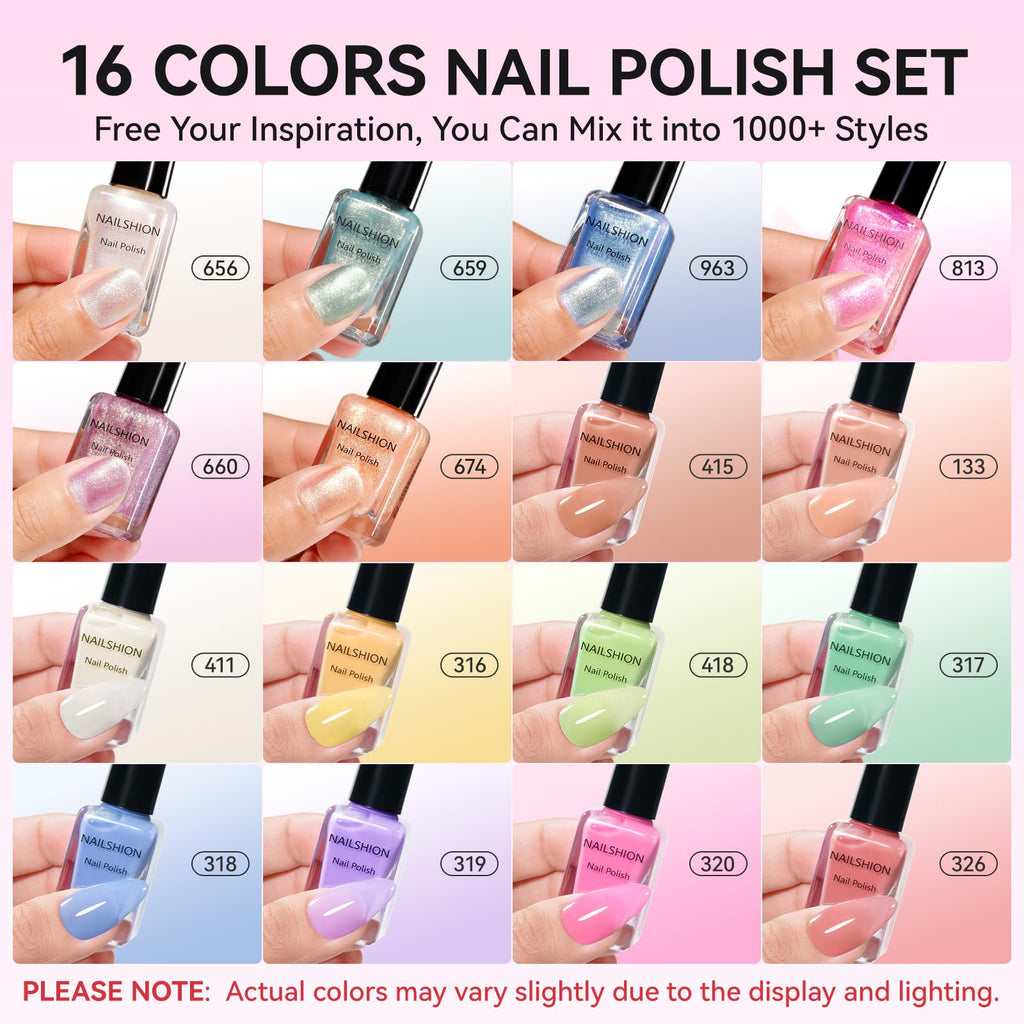 Nailshion Quick Air Dry Nail Polish – 16 Colors, Holographic & Classic Finishes with Base Coat, Remover Pads (Hema-free)