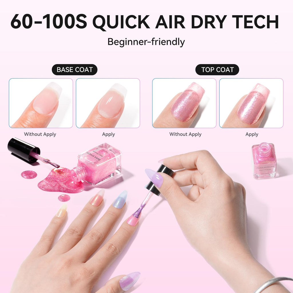 Nailshion Quick Air Dry Nail Polish – 16 Colors, Holographic & Classic Finishes with Base Coat, Remover Pads (Hema-free)