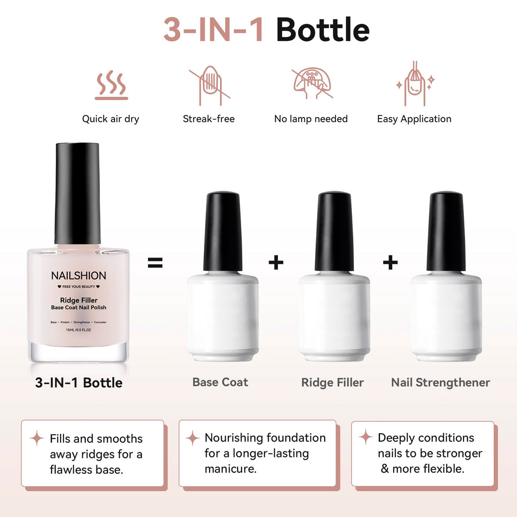 Nailshion Ridge Filler Base Coat 3-in-1 Nail Strengthener – Milky, Vegan, Salon‑Quality at Home