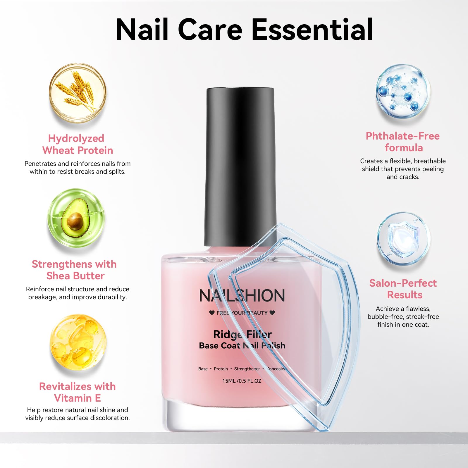 Nailshion Nail Ridge Filler Base Coat & Strengthener – VE Protein Formula, 0.5 fl oz