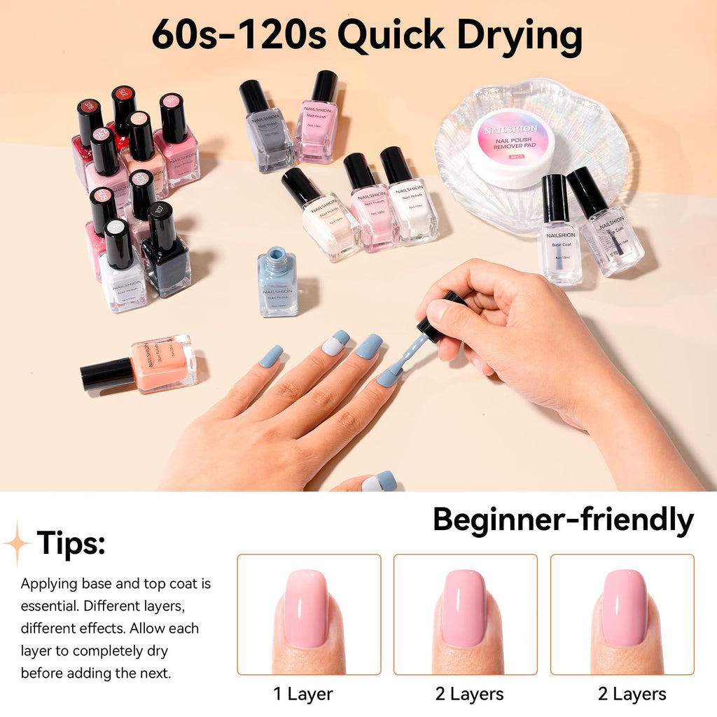 Nailshion Nude Gray Nail Polish Set – 16 Colors with Base & Top Coat, Remover Pads | Fast Dry, Non-Gel