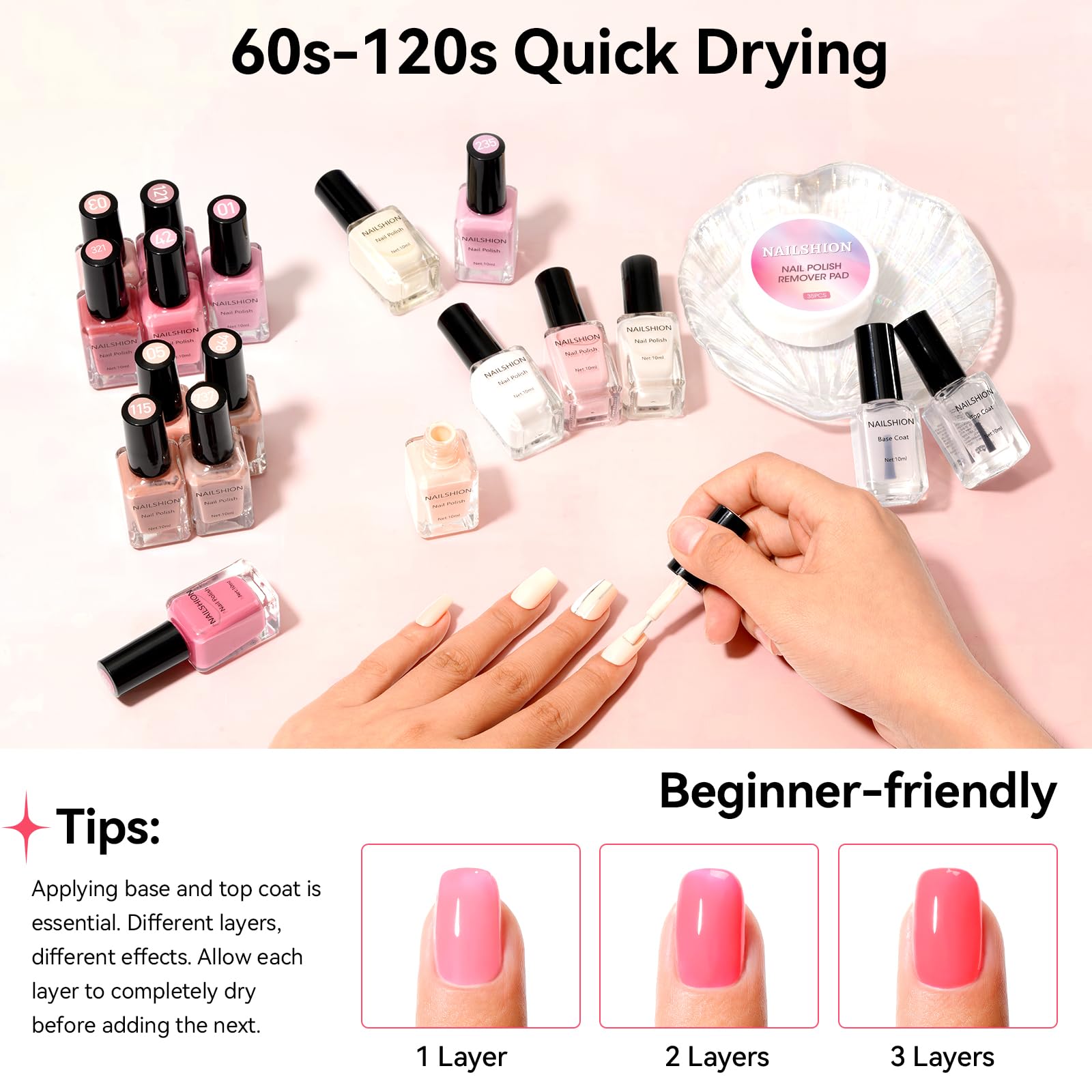 Nailshion 16-Color Nail Polish Set with Base & Top Coat and Remover Pads